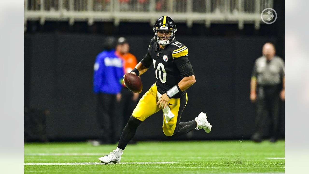 Atlanta Falcons linebacker Mike Jones Jr. (45) sacks Pittsburgh Steelers  quarterback Mitch Trubisky (10) during the first half of an NFL preseason  football game, Thursday, Aug. 24, 2023, in Atlanta. The Pittsburgh