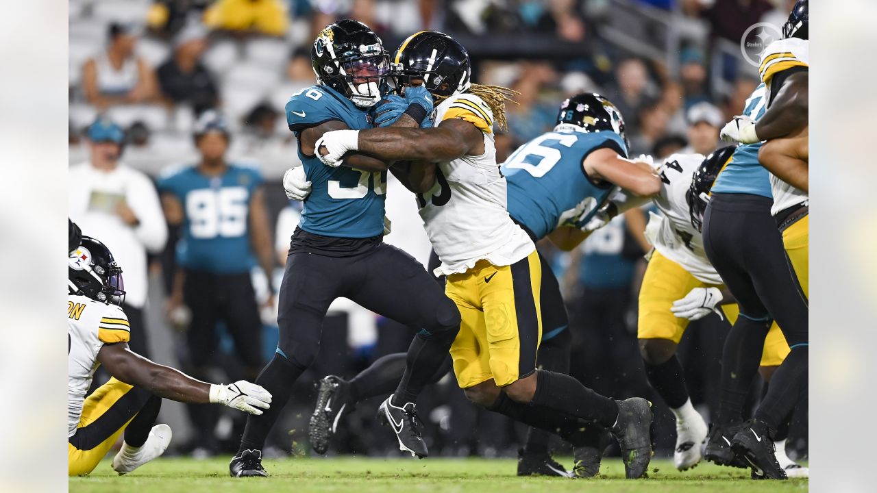 Pittsburgh Steelers wide receiver Tyler Snead (84) celebrates his touchdown  reception with Pittsburgh Steelers offensive tackle John Leglue (77) during  an NFL football game against the Jacksonville Jaguars, Saturday, Aug. 20,  2022