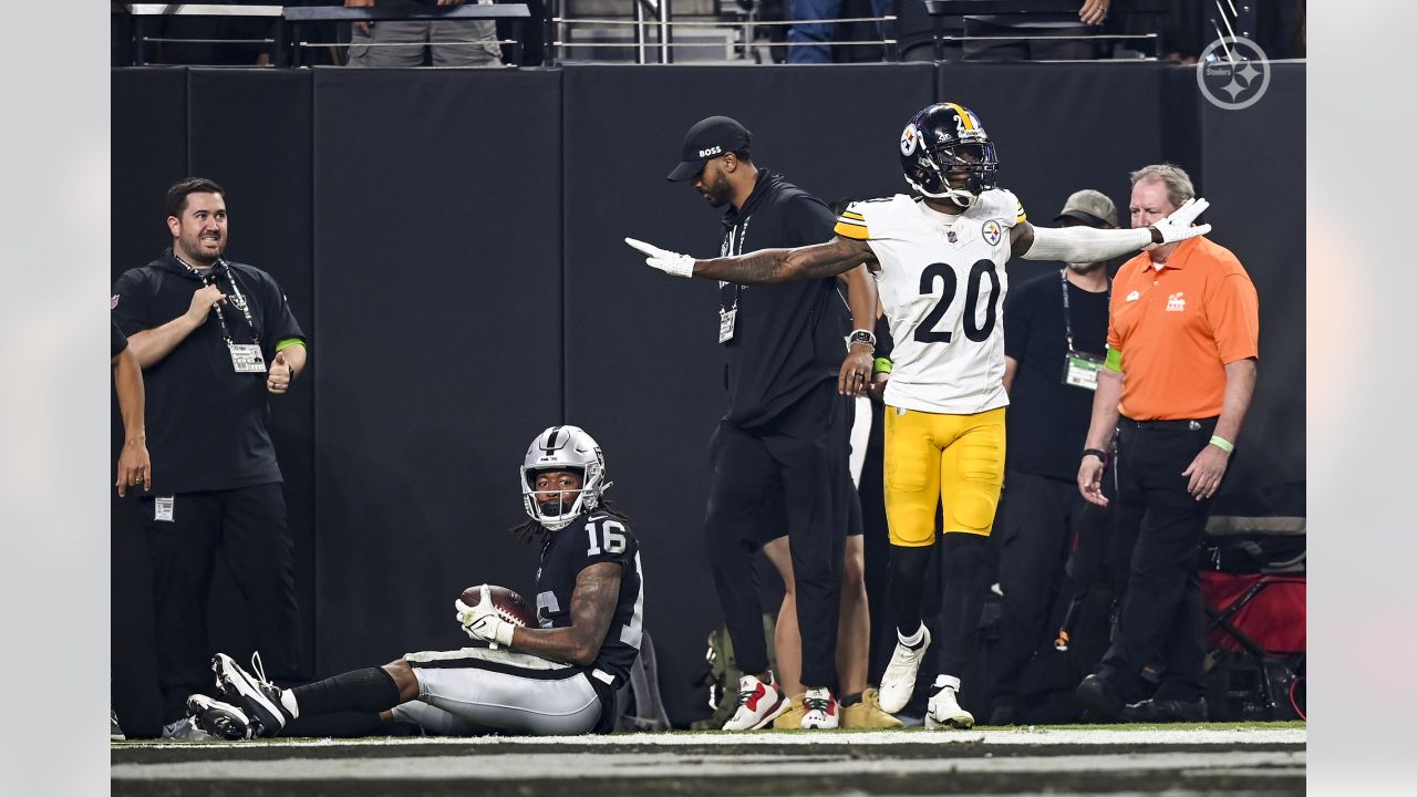 Pittsburgh Steelers cornerback Patrick Peterson (20) runs back with an  intercepted pass during the second half of an NFL football game against the Las  Vegas Raiders Sunday, Sept. 24, 2023, in Las