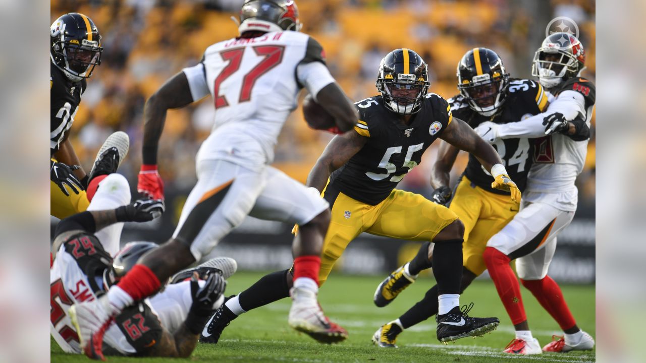 Tampa Bay Buccaneers linebacker Markees Watts (58) runs toward the ball  carrier during an NFL preseason football game against the Pittsburgh  Steelers, Friday, Aug. 11, 2023, in Tampa, Fla. (AP Photo/Peter Joneleit