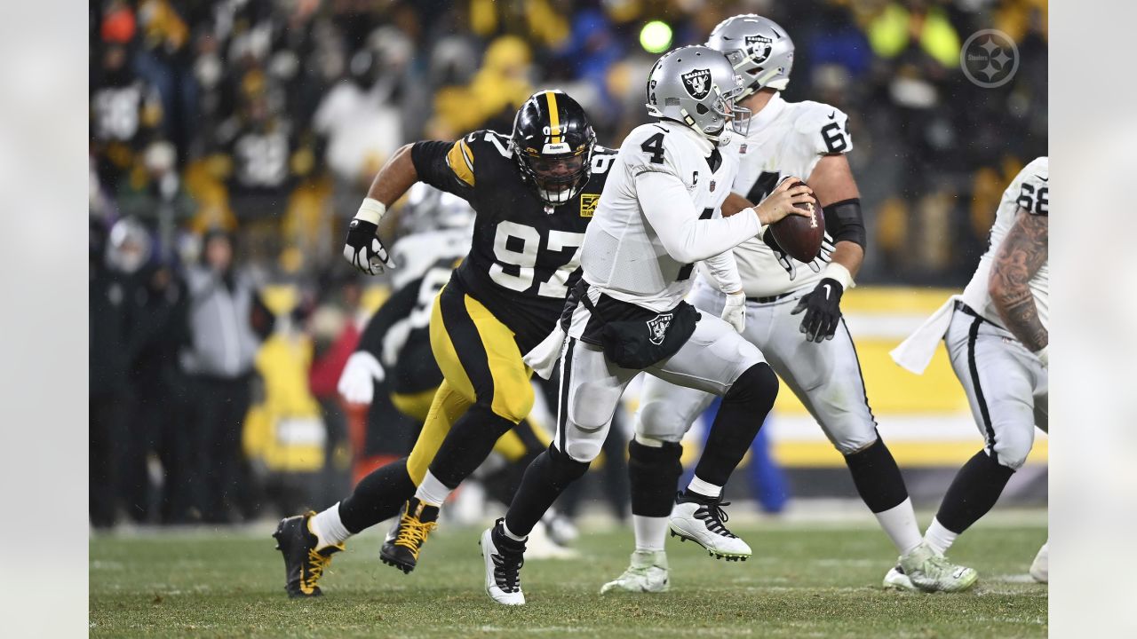 Pittsburgh, United States. 24th Dec, 2022. Pittsburgh Steelers cornerback  Arthur Maulet (35) intercepts a pass meant for Las Vegas Raiders tight end  Foster Moreau (87) in the third quarter of the game