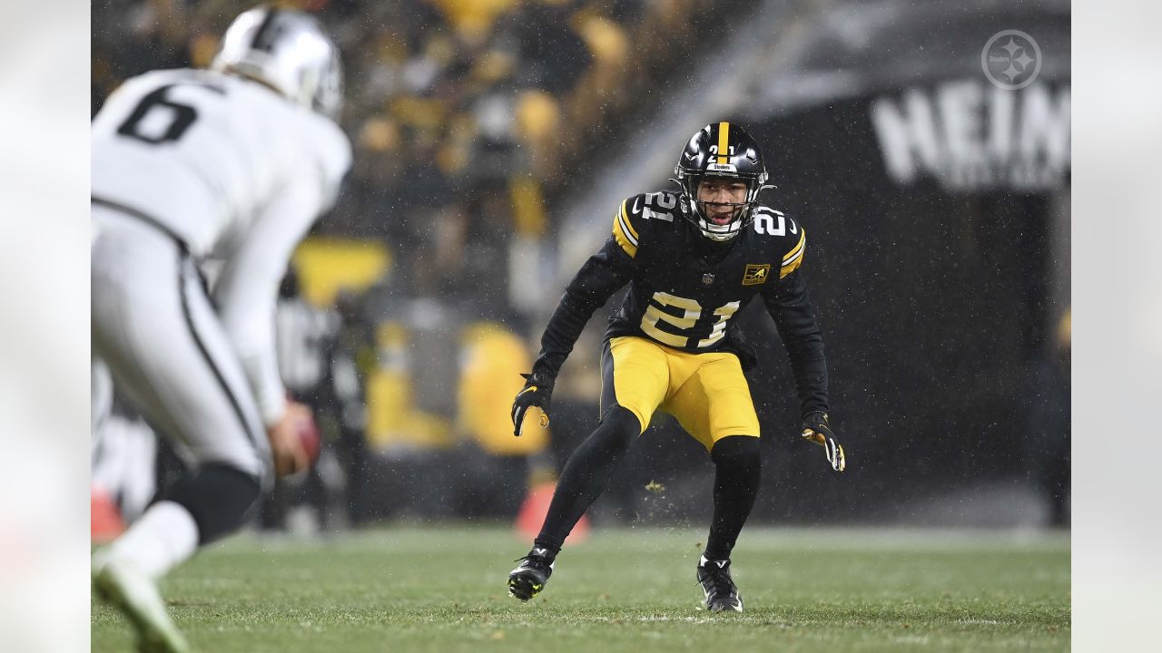 Pittsburgh, United States. 24th Dec, 2022. Pittsburgh Steelers cornerback  Arthur Maulet (35) intercepts a pass meant for Las Vegas Raiders tight end  Foster Moreau (87) in the third quarter of the game