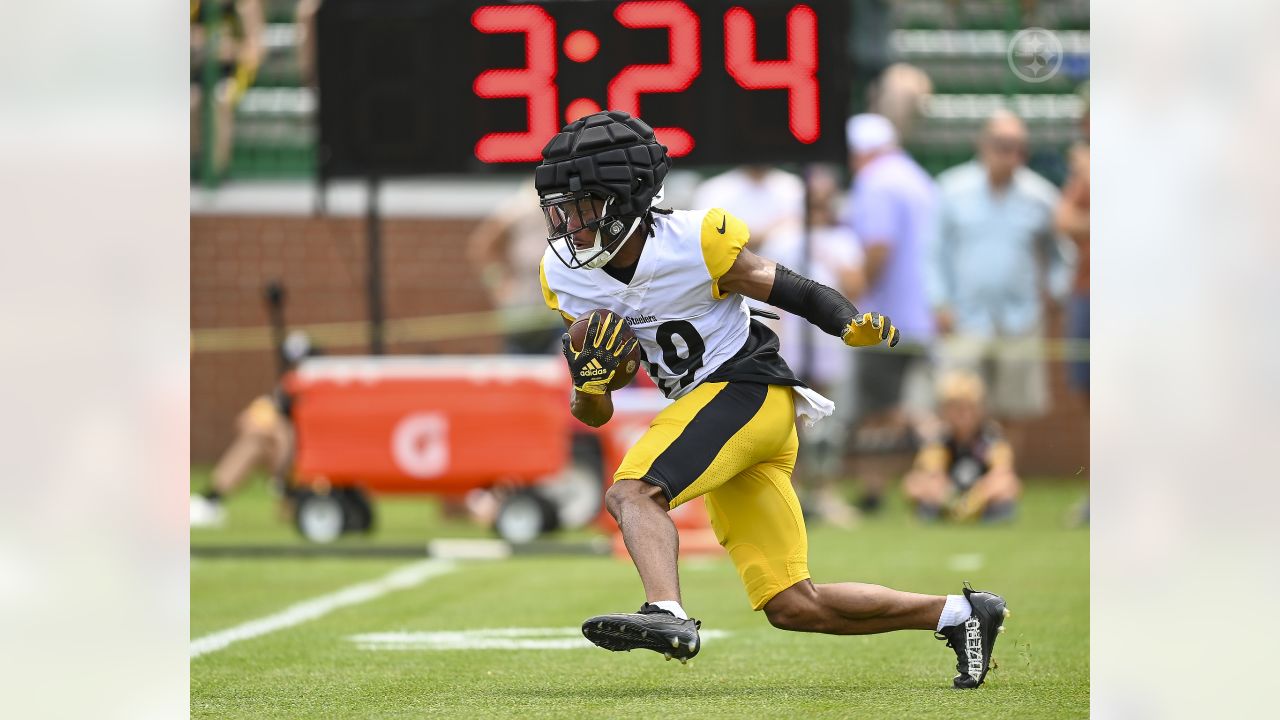 Pittsburgh Steelers helmets on the field at their NFL football training camp  in Latrobe, Pa., Saturday, Aug. 1, 2009. (AP Photo/Keith Srakocic Stock  Photo - Alamy