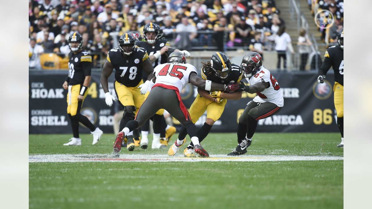 PITTSBURGH, PA - OCTOBER 16: Pittsburgh Steelers safety Elijah Riley (37)  tackles Tampa Bay Buccaneers running back Rachaad White (29) in the fourth  quarter during the game between the Tampa Bay Buccaneers