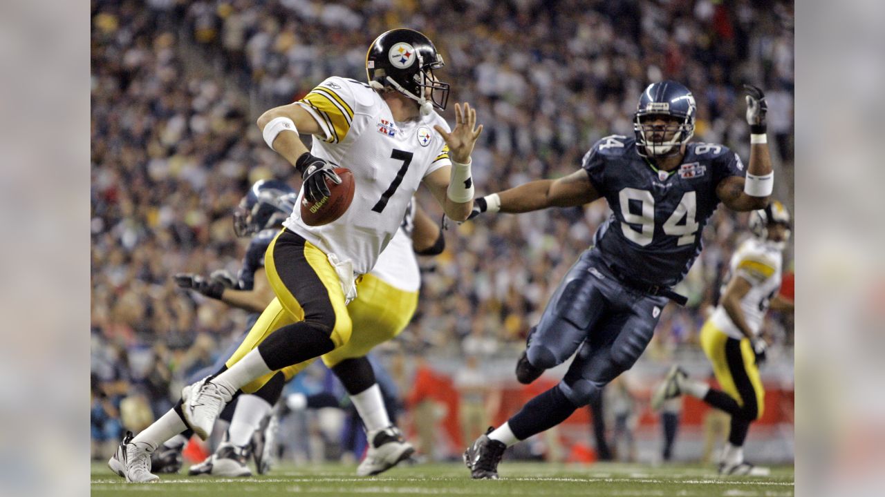 Helmets for the Pittsburgh Steelers and the Seattle Seahawks are displayed  during a news conference in Detroit Thursday, Feb. 2, 2006. Super Bowl XL  will feature the AFC Champion Pittsburgh Steelers against