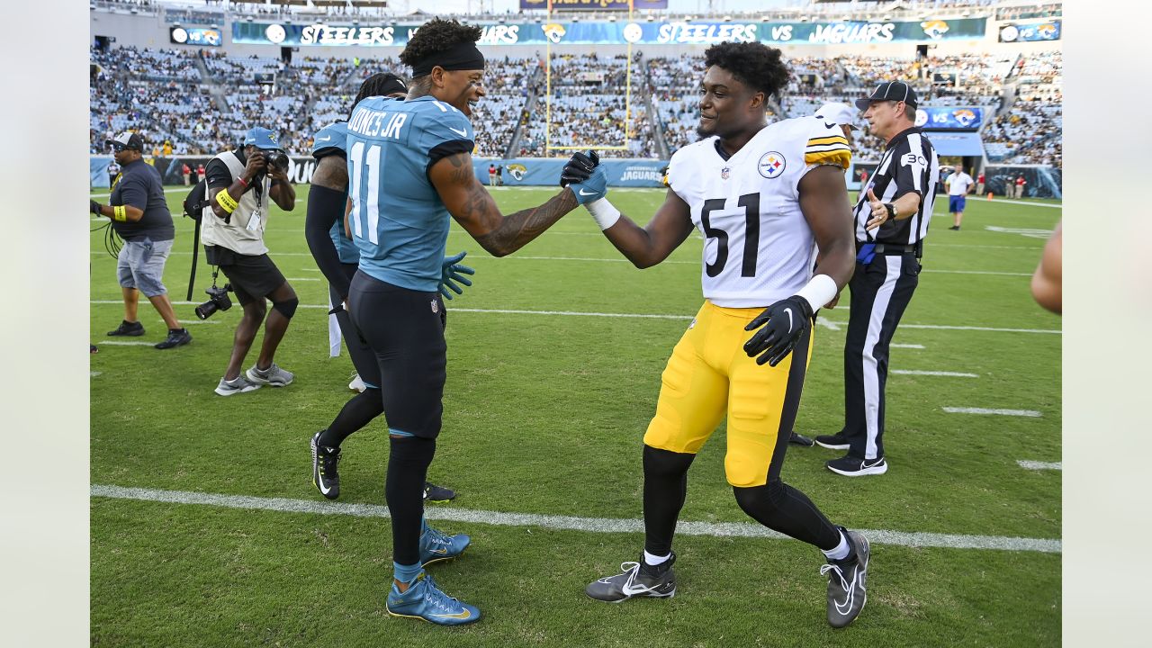 Pittsburgh Steelers center Kendrick Green (53) and linebacker Robert  Spillane (41) wait to take the field before a preseason NFL football game  against the Jacksonville Jaguars, Saturday, Aug. 20, 2022, in Jacksonville