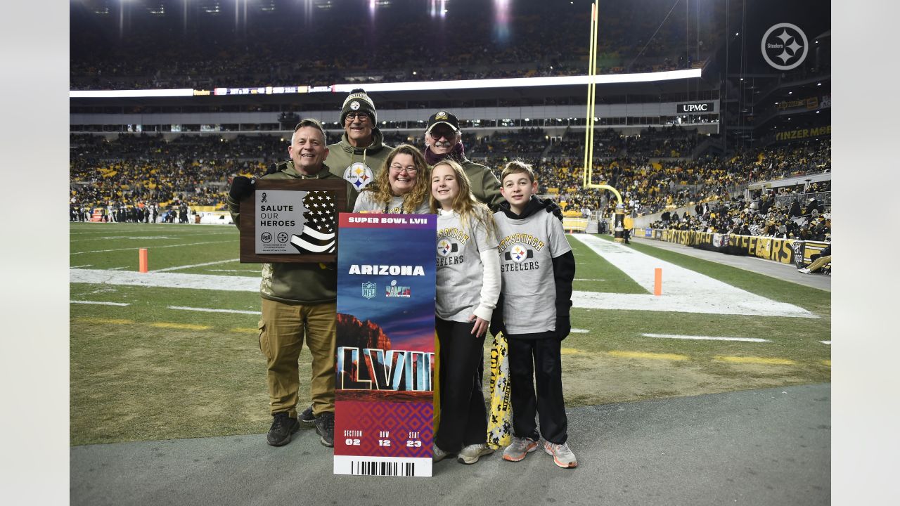 This is the Salute To Service painted in the end zone at Acrisure Stadium  before an NFL football game between the Pittsburgh Steelers and the  Cincinnati Bengals in Pittsburgh, Sunday, Nov. 20