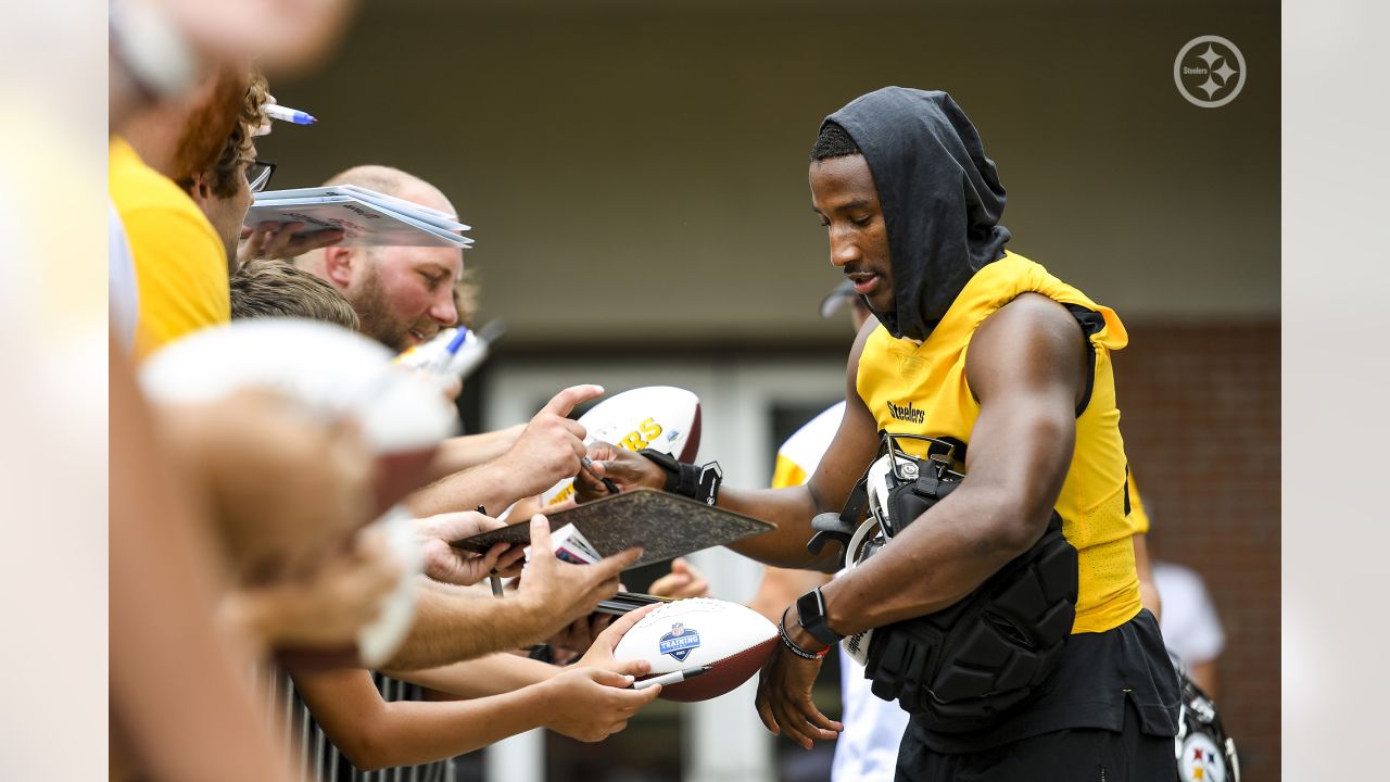 Pittsburgh Steelers safety Elijah Riley (37) runs after intercepting a pass  during the NFL football team's training camp workout in Latrobe, Pa.,  Thursday, July 27, 2023. (AP Photo/Gene J. Puskar Stock Photo - Alamy