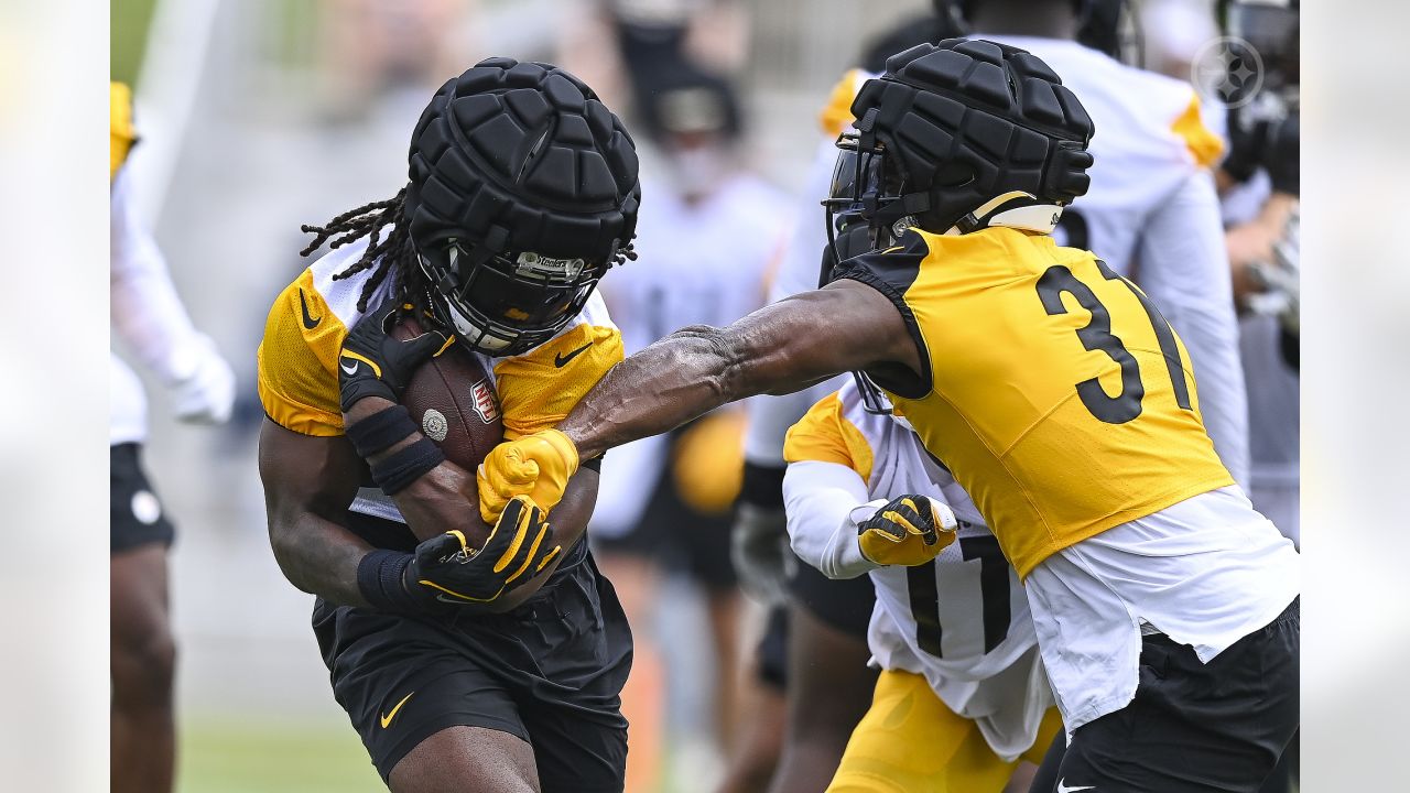 Pittsburgh Steelers helmets on the field at their NFL football training camp  in Latrobe, Pa., Saturday, Aug. 1, 2009. (AP Photo/Keith Srakocic Stock  Photo - Alamy