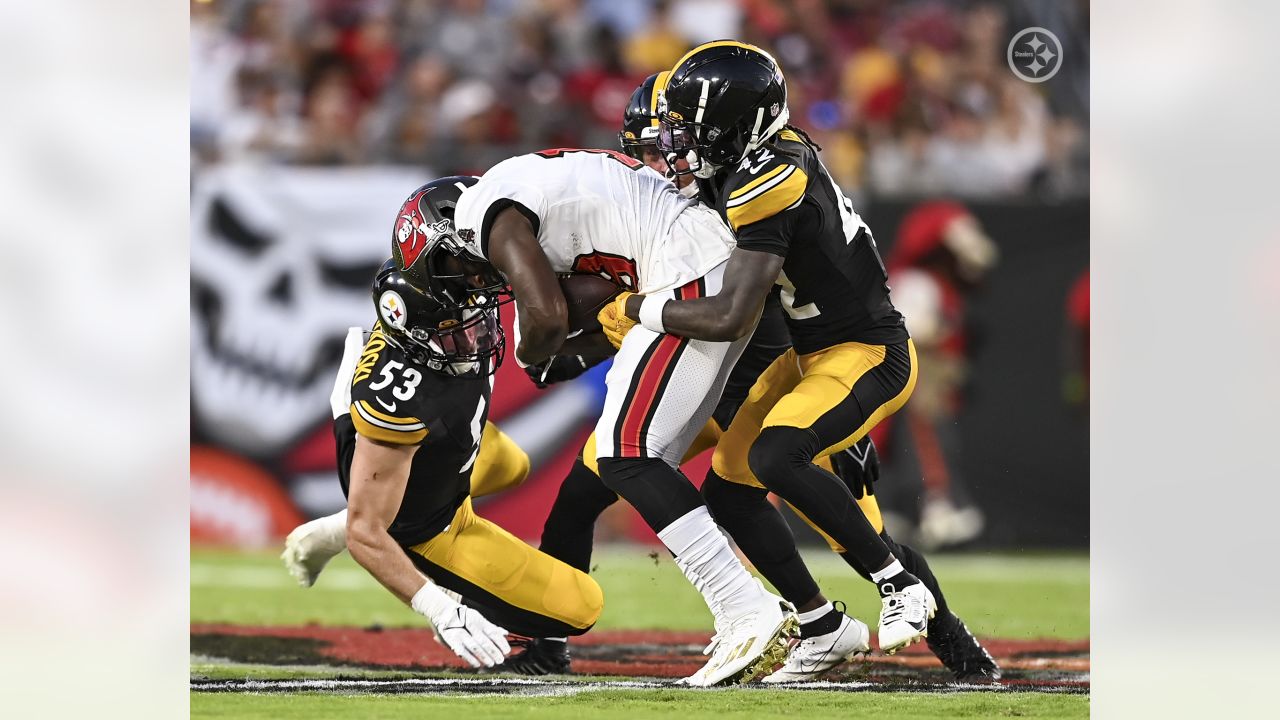 A Tampa Bay Buccaneers football helmet rests near the sidelines during an NFL  preseason football game against the Pittsburgh Steelers, Friday, Aug. 11,  2023, in Tampa, Fla. (AP Photo/Peter Joneleit Stock Photo 