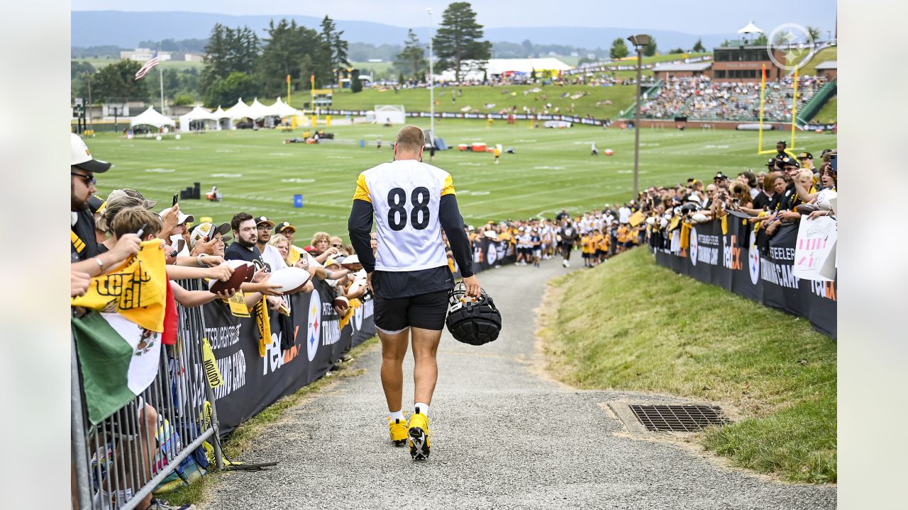 Pittsburgh Steelers safety Elijah Riley (37) runs after intercepting a pass  during the NFL football team's training camp workout in Latrobe, Pa.,  Thursday, July 27, 2023. (AP Photo/Gene J. Puskar Stock Photo - Alamy