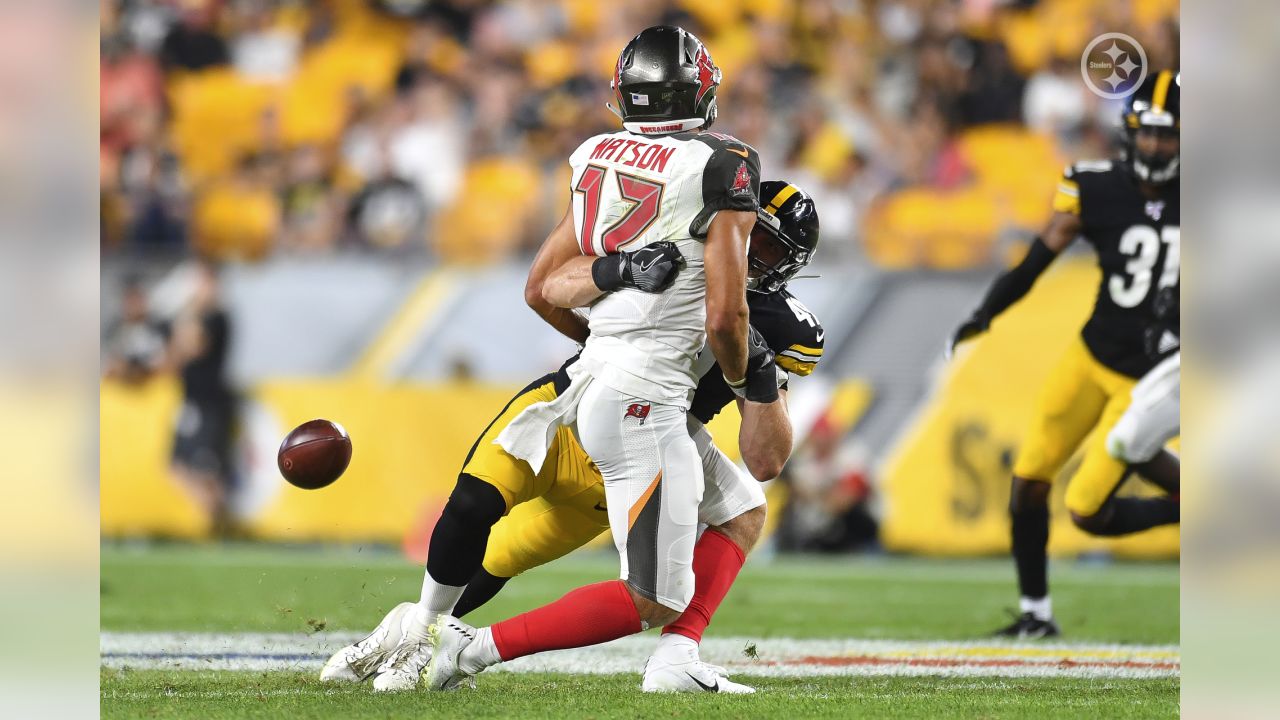 Tampa Bay Buccaneers linebacker Markees Watts (58) runs toward the ball  carrier during an NFL preseason football game against the Pittsburgh  Steelers, Friday, Aug. 11, 2023, in Tampa, Fla. (AP Photo/Peter Joneleit