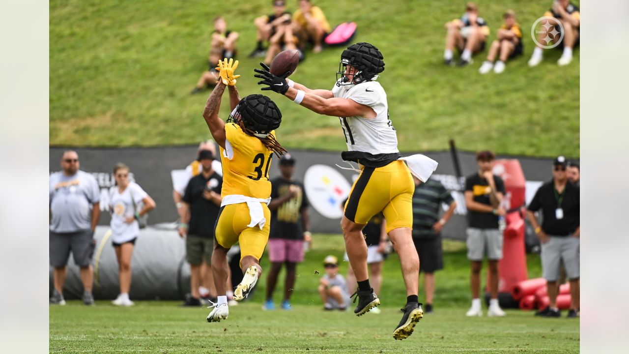 Pittsburgh Steelers cornerback Carlins Platel (30) and Pittsburgh Steelers tight end Zach Gentry (81) trains at Saint Vincent College during the 2022 Steelers Training Camp on Thursday, Aug. 4, 2022 in Latrobe, PA. (Taylor Ollason / Pittsburgh Steelers)