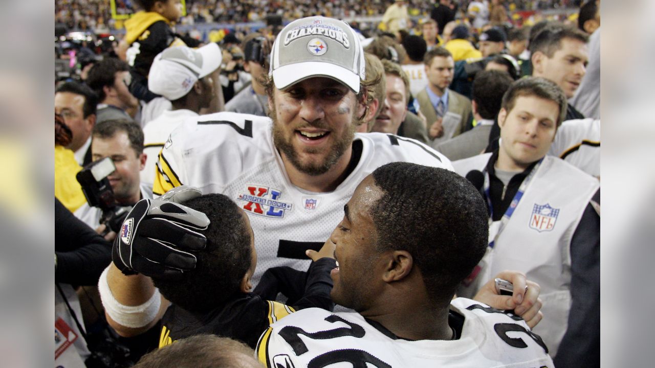 Pittsburgh Steelers running back Jerome Bettis recieves the game ball from  quarterback Ben Roethlisberger after the Pittsburgh Steelers defeat the  Seattle Seahawks 21 to 10 in Super Bowl XL at Ford Field