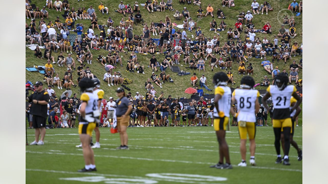 Pittsburgh Steelers fans stand on a hill the Pittsburgh Steelers practice  fields at St. Vincent College during Back Together Weekend at the NFL  football team's training camp in Latrobe, Pa., Saturday, July