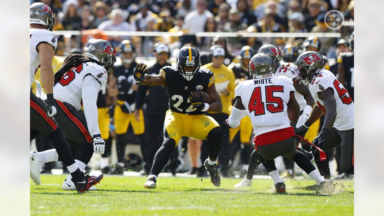 PITTSBURGH, PA - OCTOBER 16: Pittsburgh Steelers safety Elijah Riley (37)  tackles Tampa Bay Buccaneers running back Rachaad White (29) in the fourth  quarter during the game between the Tampa Bay Buccaneers