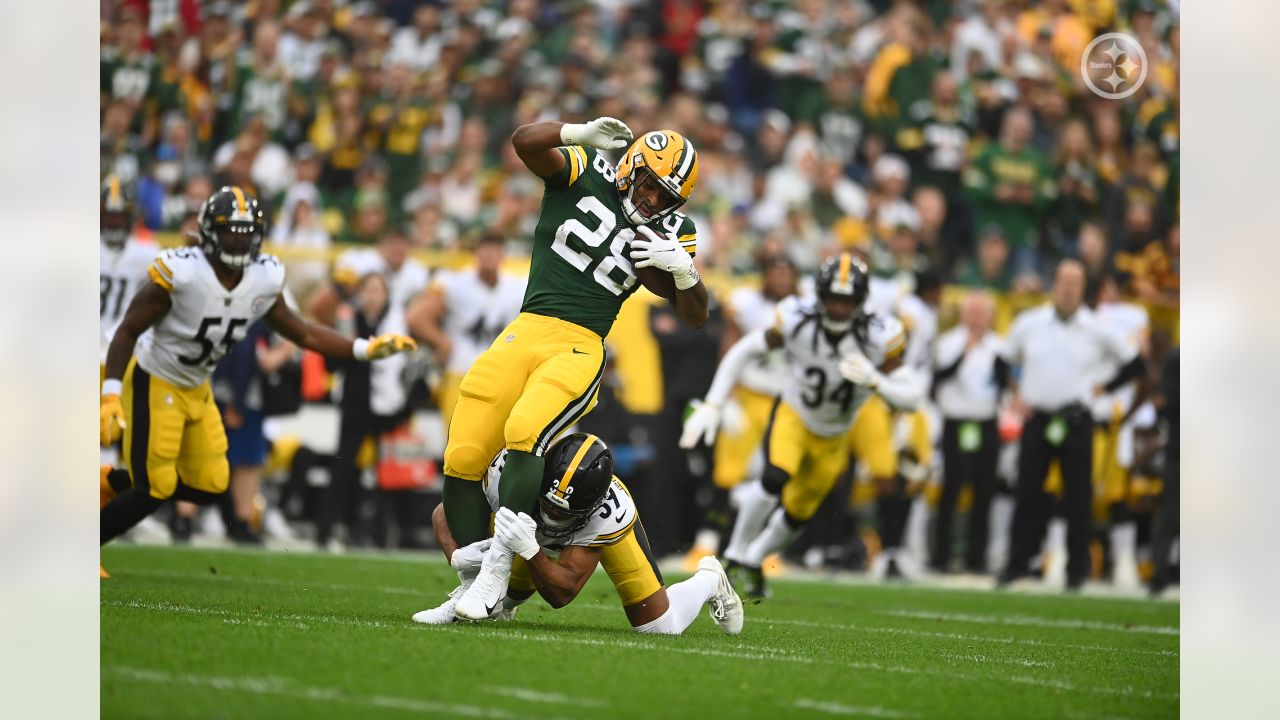 October 03, 2021: Green Bay Packers quarterback Aaron Rodgers (12) debates  a tripping call against Pittsburgh Steelers linebacker T.J. Watt (90)  during the NFL football game between the Pittsburgh Steelers and the