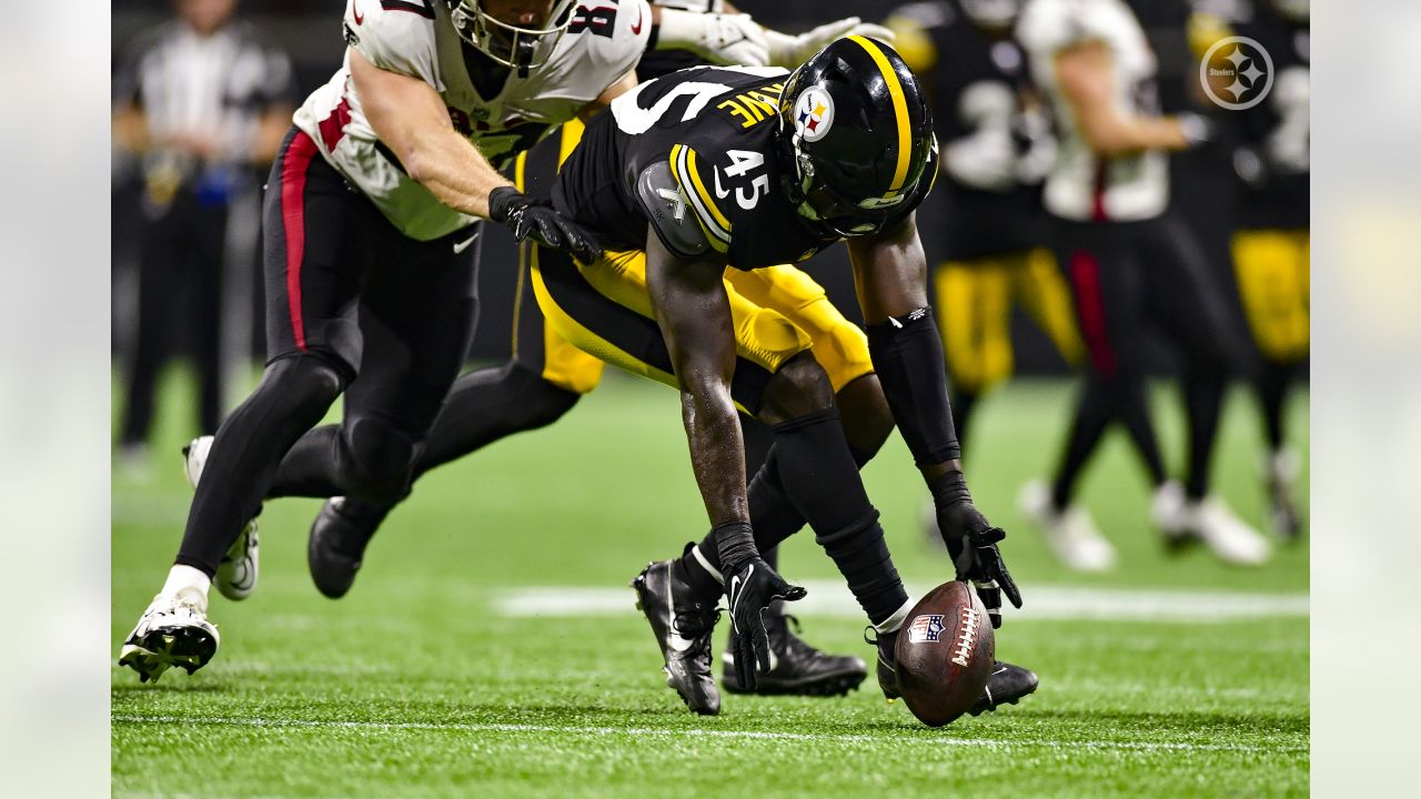 Pittsburgh Steelers linebacker Toby Ndukwe (45) works during the second  half of an NFL preseason football game against the Atlanta Falcons,  Thursday, Aug. 24, 2023, in Atlanta. The Pittsburgh Steelers won 24-0. (