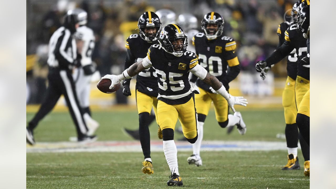 Pittsburgh, United States. 24th Dec, 2022. Pittsburgh Steelers cornerback  Arthur Maulet (35) intercepts a pass meant for Las Vegas Raiders tight end  Foster Moreau (87) in the third quarter of the game