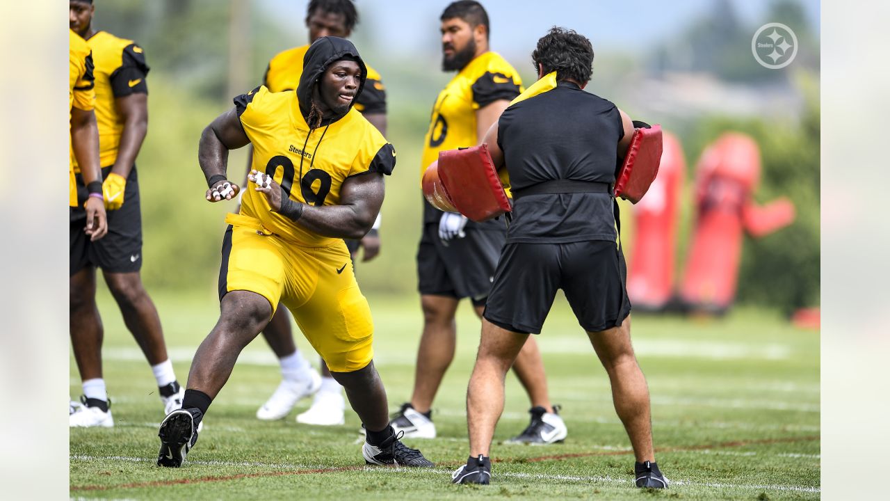 Pittsburgh Steelers safety Elijah Riley (37) runs after intercepting a pass  during the NFL football team's training camp workout in Latrobe, Pa.,  Thursday, July 27, 2023. (AP Photo/Gene J. Puskar Stock Photo - Alamy