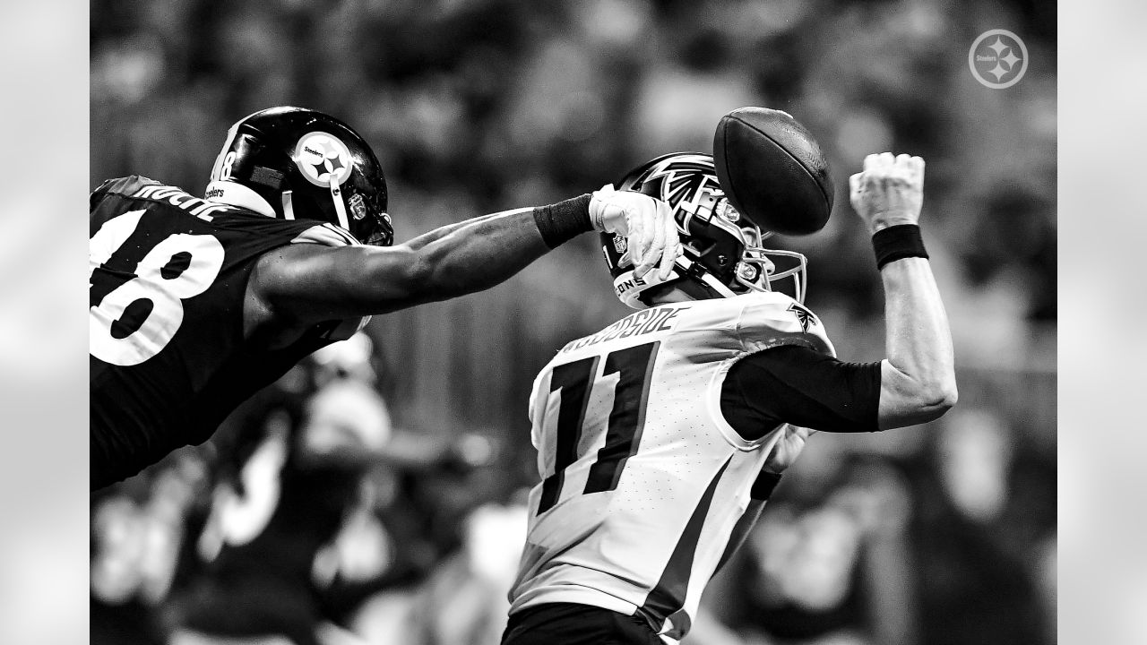 Pittsburgh Steelers wide receiver Calvin Austin III (19) runs the ball  during the first half of an NFL preseason football game against the Atlanta  Falcons, Thursday, Aug. 24, 2023, in Atlanta. The