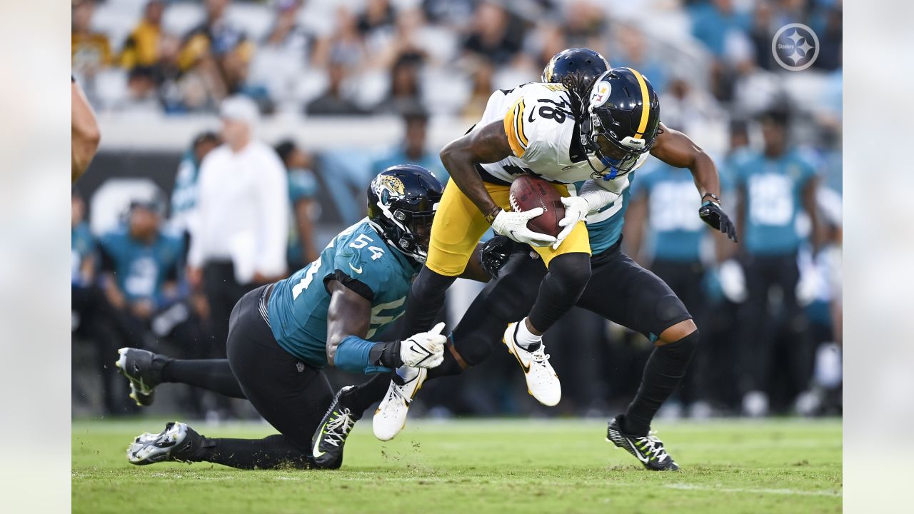 Pittsburgh Steelers wide receiver Tyler Snead (84) celebrates his touchdown  reception with Pittsburgh Steelers offensive tackle John Leglue (77) during  an NFL football game against the Jacksonville Jaguars, Saturday, Aug. 20,  2022