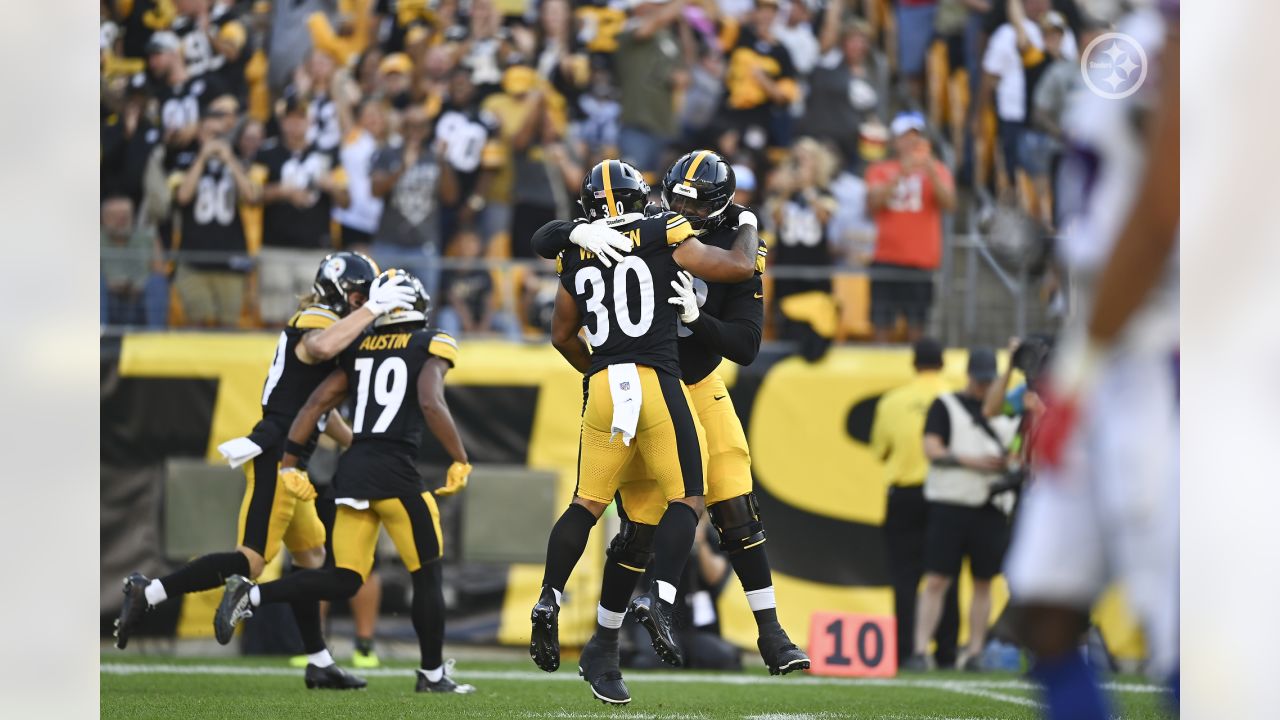 Pittsburgh Steelers wide receiver Calvin Austin III (19) runs the ball  during the first half of an NFL preseason football game against the Atlanta  Falcons, Thursday, Aug. 24, 2023, in Atlanta. The