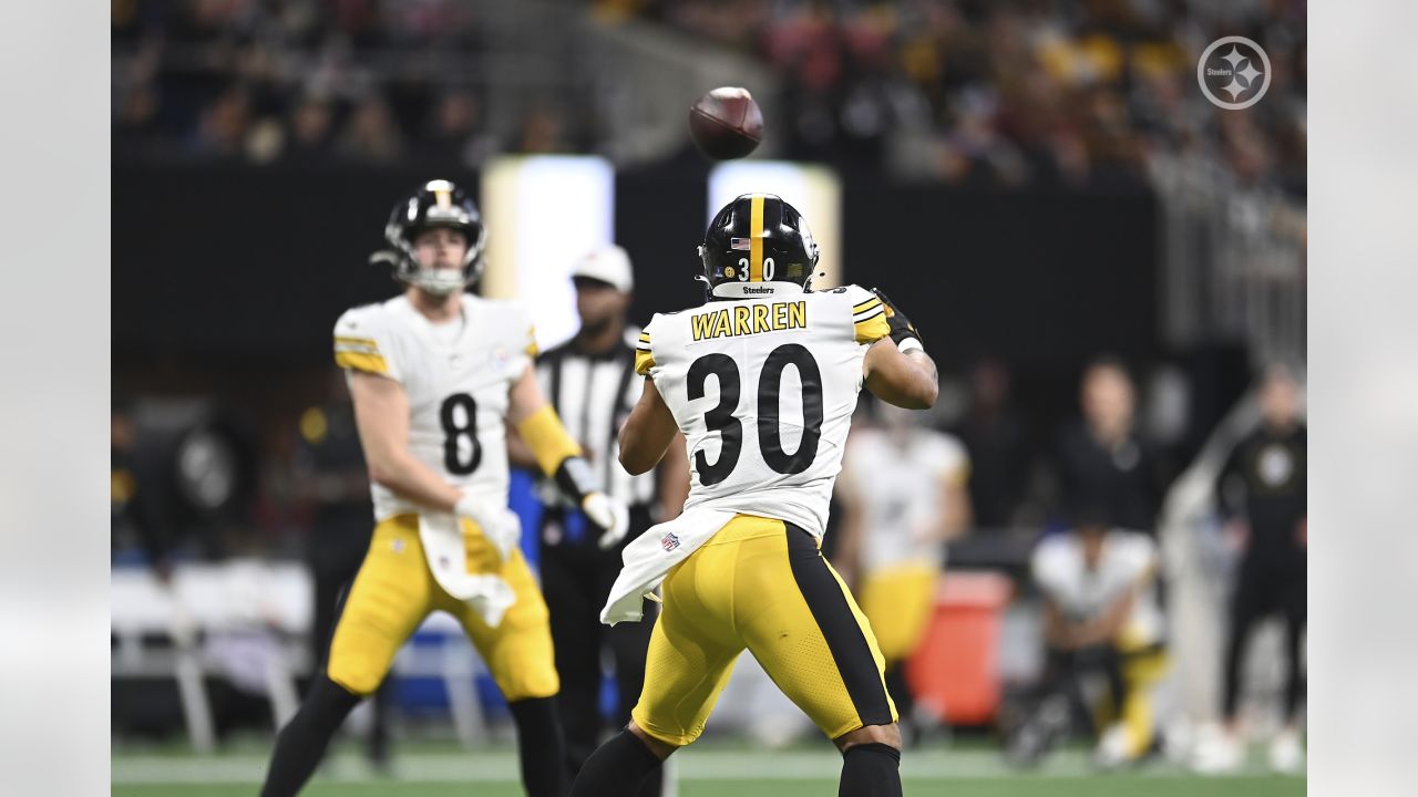 Pittsburgh Steelers cornerback James Pierre (42) lines up during the first  half of an NFL football game against the Atlanta Falcons, Sunday, Dec. 4,  2022, in Atlanta. The Pittsburgh Steelers won 19-16. (