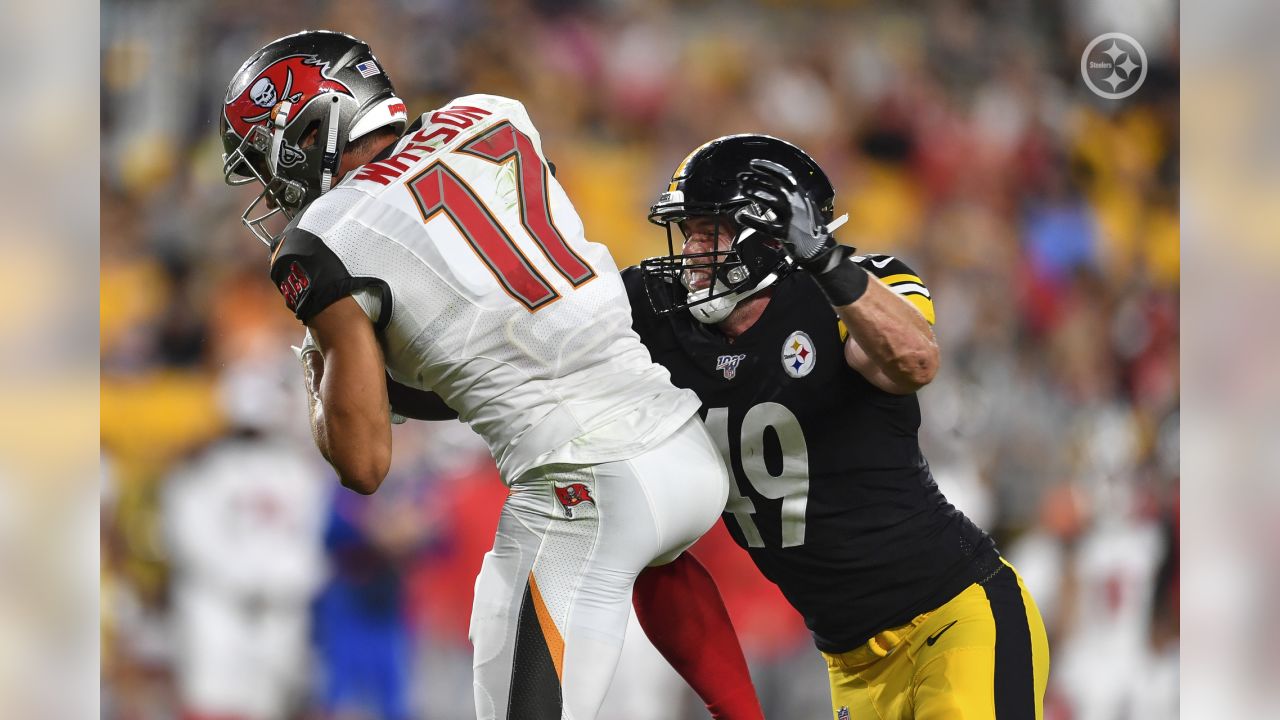 Tampa Bay Buccaneers linebacker Markees Watts (58) runs toward the ball  carrier during an NFL preseason football game against the Pittsburgh  Steelers, Friday, Aug. 11, 2023, in Tampa, Fla. (AP Photo/Peter Joneleit