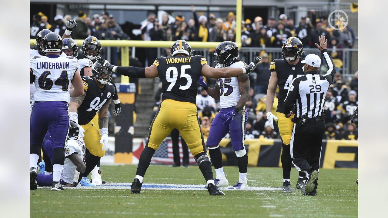 Pittsburgh Steelers defensive tackle Chris Wormley (95) reacts after a  defensive stop in the second half during an NFL football game against the  Tampa Bay Buccaneers in Pittsburgh, Sunday, Oct. 16, 2022. (