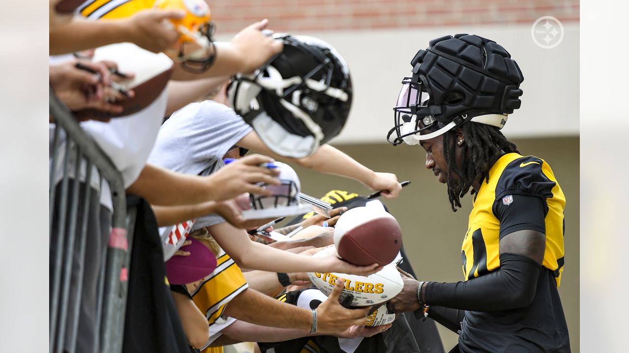 Pittsburgh Steelers safety Elijah Riley (37) runs after intercepting a pass  during the NFL football team's training camp workout in Latrobe, Pa.,  Thursday, July 27, 2023. (AP Photo/Gene J. Puskar Stock Photo - Alamy