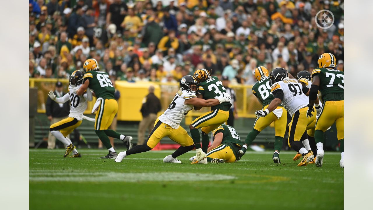 October 03, 2021: Green Bay Packers quarterback Aaron Rodgers (12) debates  a tripping call against Pittsburgh Steelers linebacker T.J. Watt (90)  during the NFL football game between the Pittsburgh Steelers and the