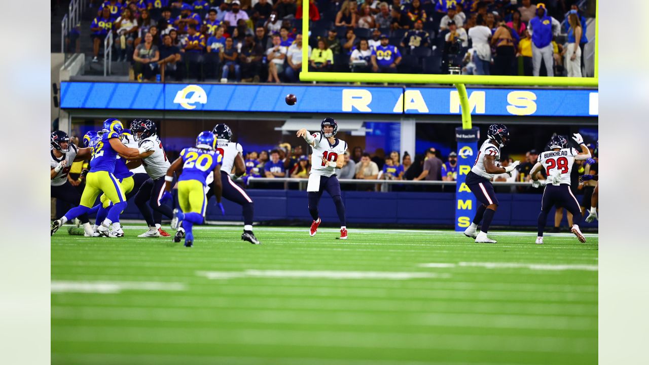 Houston Texans cornerback Derek Stingley Jr. (24) runs back to the locker  room after an NFL preseason football game against the Los Angeles Rams  Friday, Aug. 19, 2022, in Inglewood, Calif. (AP