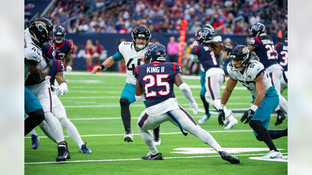 HOUSTON, TX - AUGUST 01: Houston Texans cornerback Desmond King II (25)  runs through defensive drills during the Houston Texans Training Camp  session at Houston Methodist Training Center adjacent to NRG Stadium