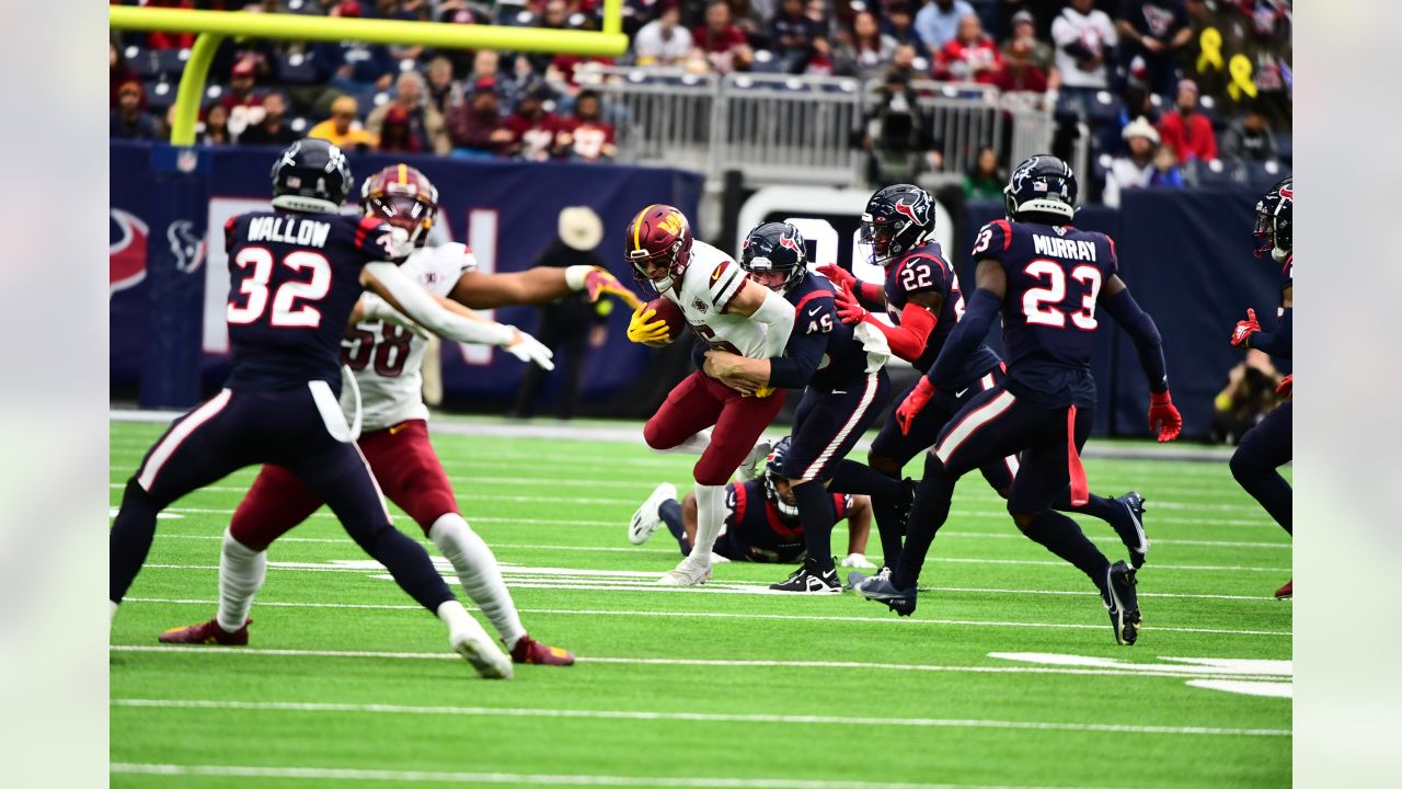 HOUSTON, TX - NOVEMBER 20: A Commander helmet sits idle on the sideline  during the football game between the Washington Commanders and Houston  Texans at NRG Stadium on November 20, 2022 in