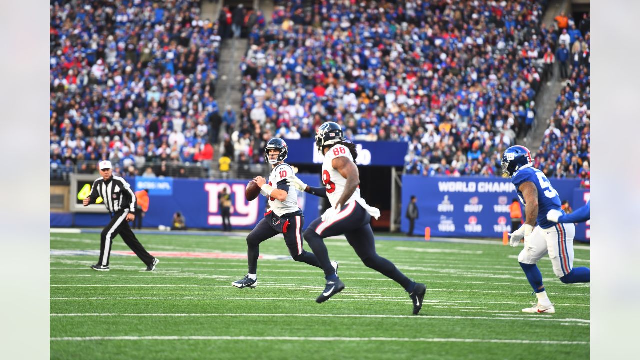 New York Giants linebacker Tomon Fox (49) walks off the field after an NFL football  game against the Houston Texans on Sunday, Nov. 13, 2022, in East  Rutherford, N.J. (AP Photo/Adam Hunger