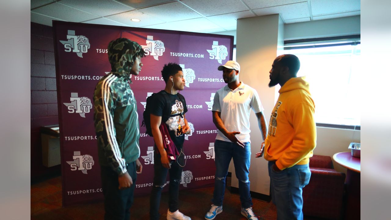An image from the Feb. 12, 2019 community development event in which 11th grade members of the Marshall High School football team visited Prairie View A&M University and Texas Southern University. The students were accompanied by current and former Texans players.