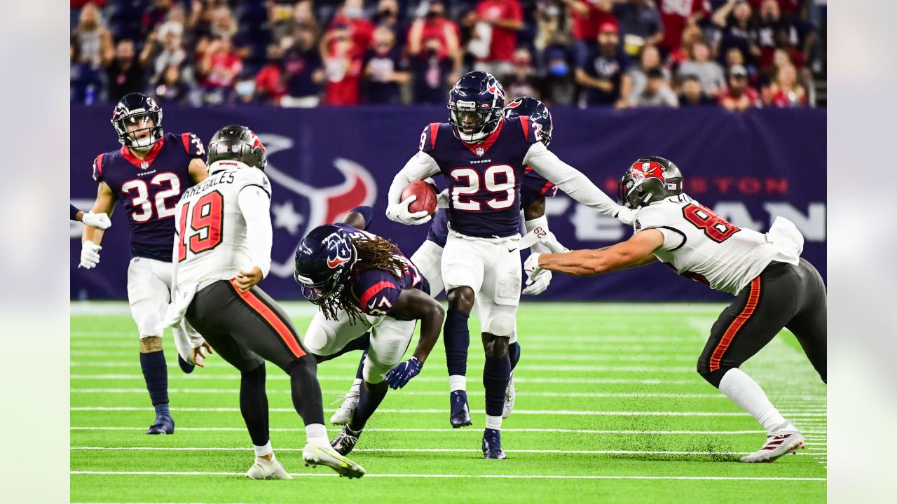 HOUSTON, TX - AUGUST 01: Houston Texans cornerback Desmond King II (25)  runs through defensive drills during the Houston Texans Training Camp  session at Houston Methodist Training Center adjacent to NRG Stadium