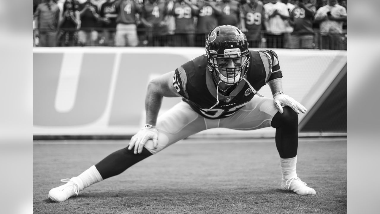 Houston Texans' J.J. Watt walks along the sideline in the first half of a  preseason NFL football game against the Dallas Cowboys in Arlington, Texas,  Saturday, Aug. 24, 2019. (AP Photo/Michael Ainsworth