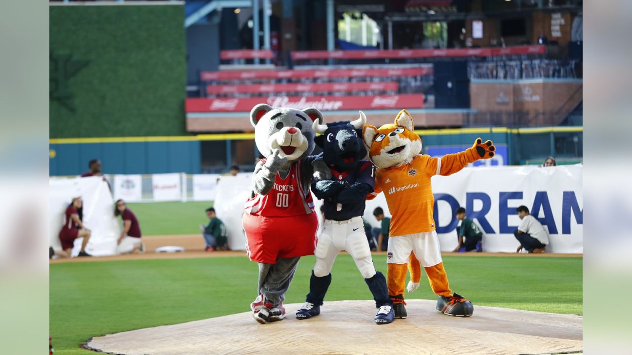 May 31, 2015: Houston Rockets mascot Clutch celebrates Houston Astros mascot  Orbit's 50th birthday during the MLB game between the Chicago White Sox and  the Houston Astros at Minute Maid Park in