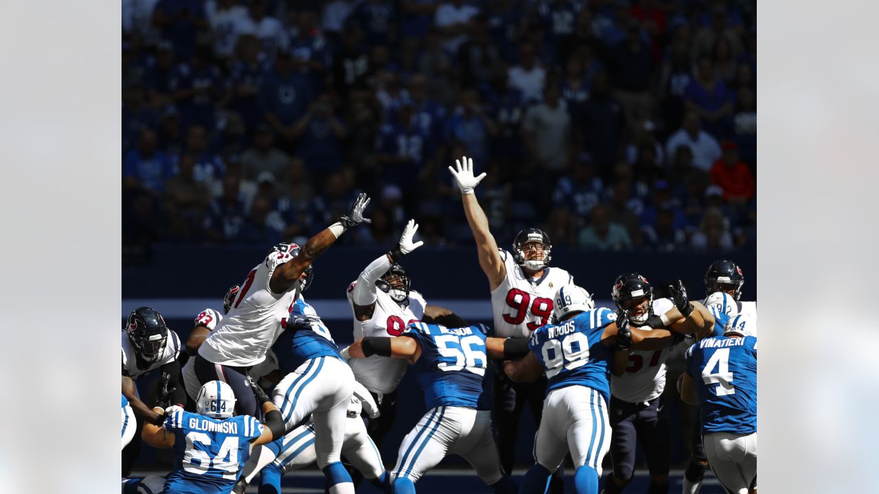 September 30, 2018: Houston Texans defensive lineman J.J. Watt (99) during  NFL football game action between the Houston Texans and the Indianapolis  Colts at Lucas Oil Stadium in Indianapolis, Indiana. Houston defeated