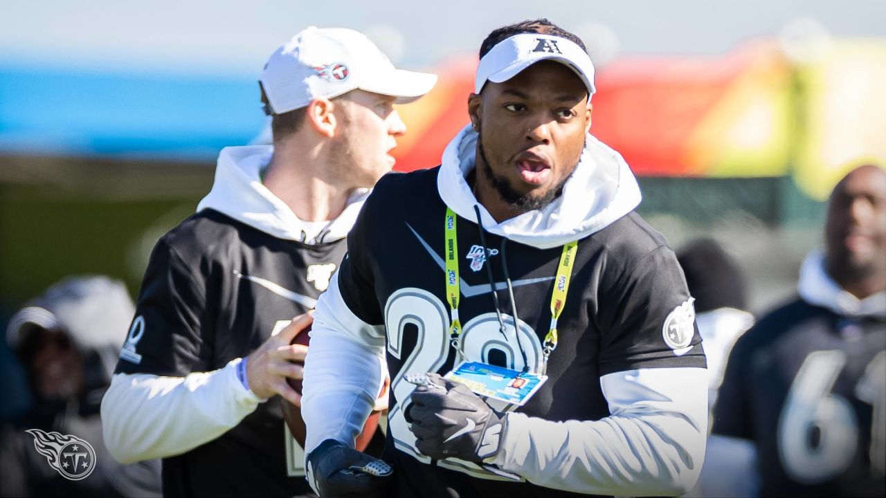 AFC running back Derrick Henry of the Tennessee Titans (22) and quarterback Lamar  Jackson of the Baltimore Ravens (8) during the Pro Bowl, Sunday, Jan. 26,  2020, at Camping World Stadium in