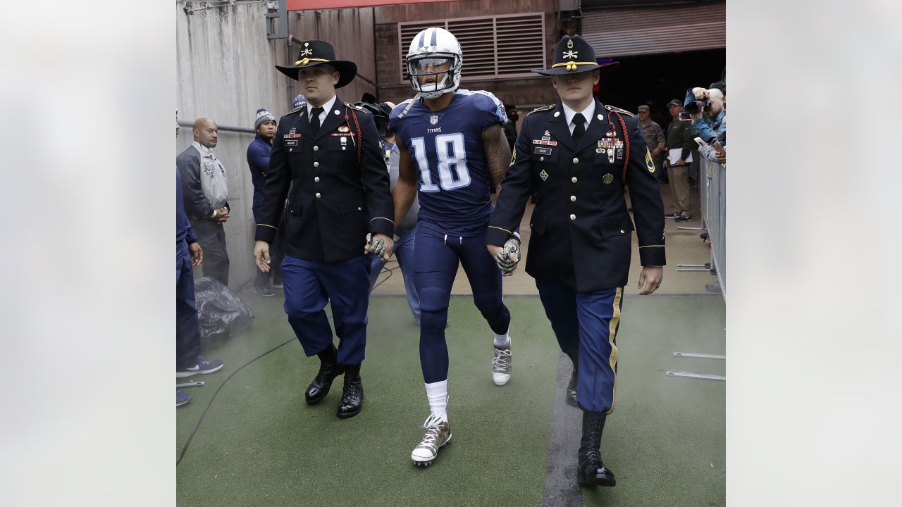 Tennessee Titans wide receiver Taywan Taylor runs a drill during the team's  voluntary practice at its NFL football training facility Thursday, April  26, 2018, in Nashville, Tenn. (AP Photo/Mark Humphrey Stock Photo 