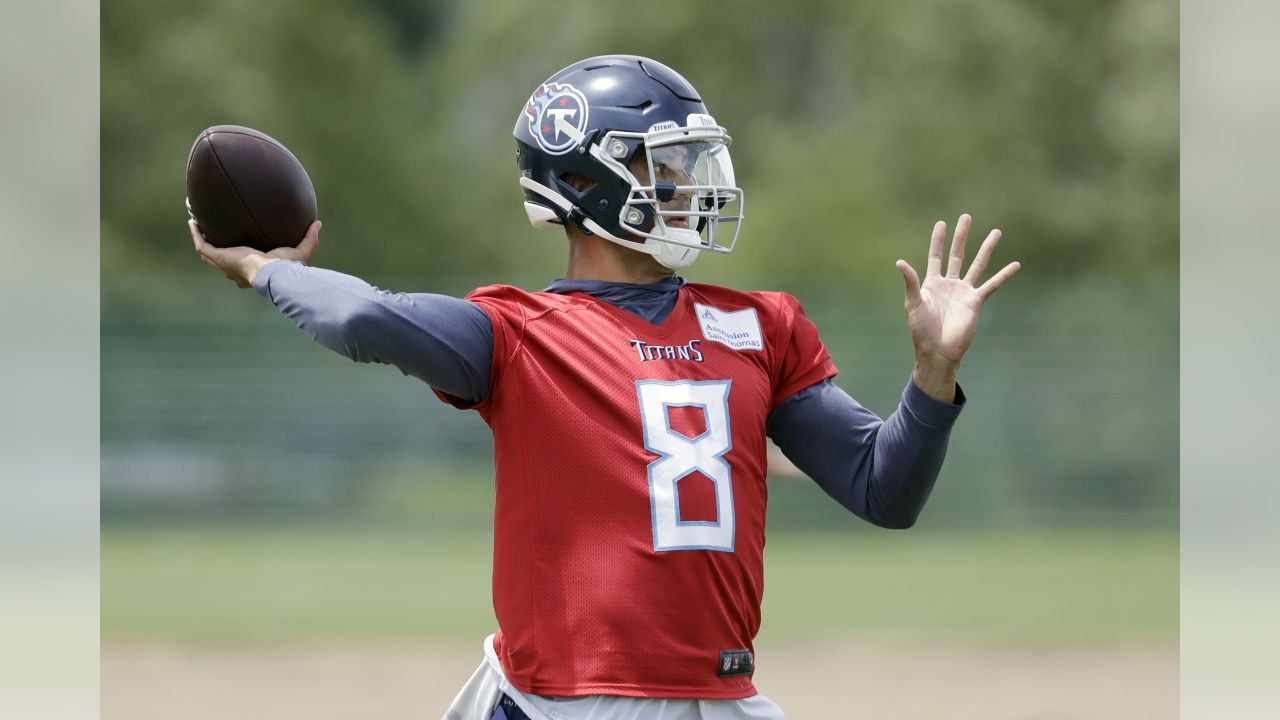 Tennessee Titans quarterback Marcus Mariota runs a drill during a combined  NFL football training camp with the New England Patriots Thursday, Aug. 15,  2019, in Nashville, Tenn. (AP Photo/Mark Humphrey Stock Photo 