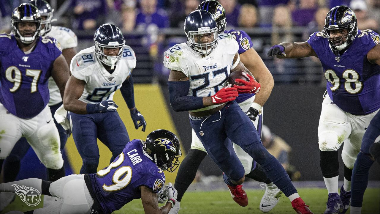 Baltimore, United States. 12th Jan, 2020. Tennessee Titans running back  Derrick Henry (22) runs against the Baltimore Ravens in their division  playoff game at M&T Bank Stadium in Baltimore, Maryland, on Saturday