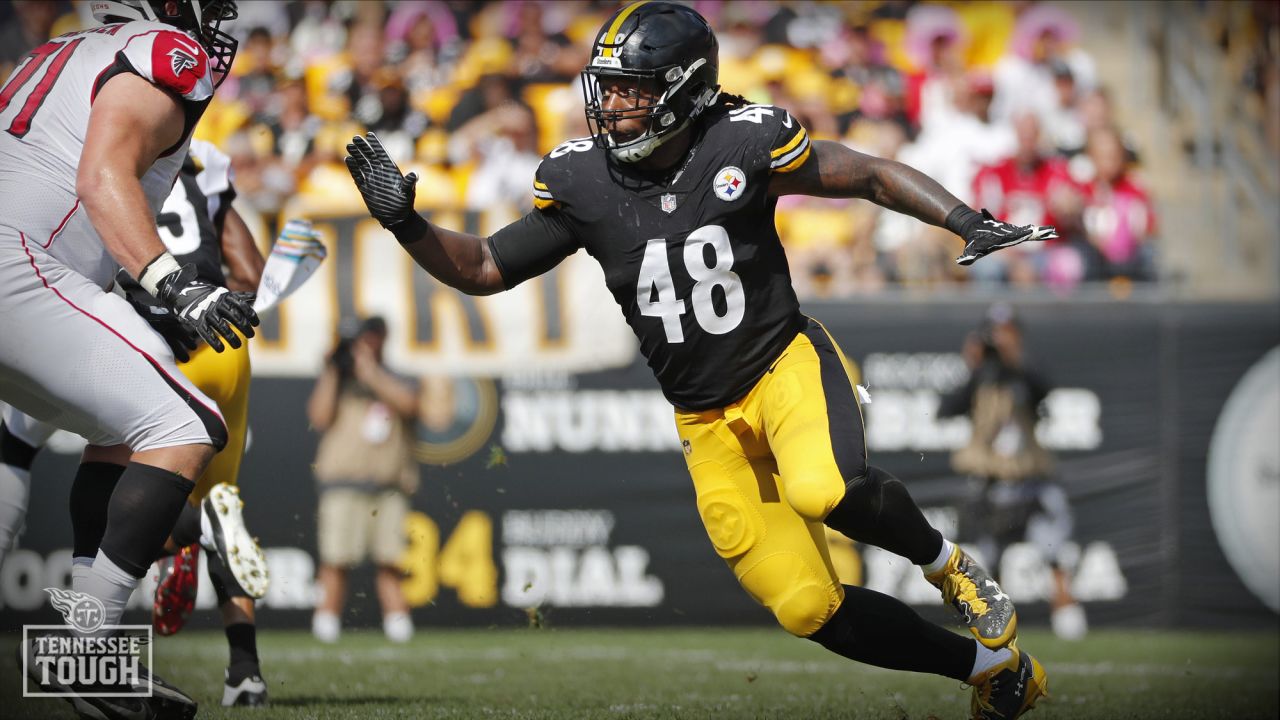 Atlanta Falcons linebacker Bud Dupree (48) works during the first