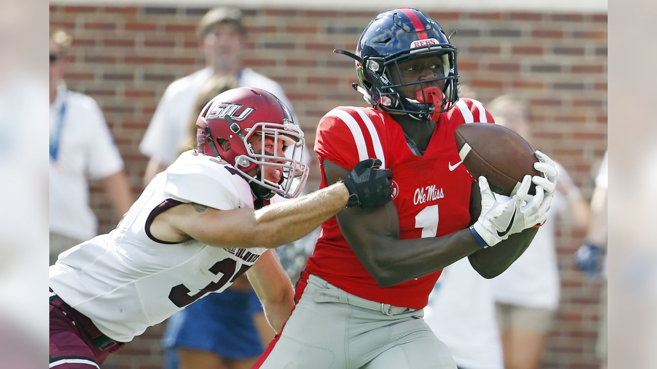 Mississippi wide receiver A.J. Brown (1) hauls in a 38-yard touchdown pass  reception while Southern Illinois safety Michael Elbert (37) attempts to  break up the pass during the first half of their