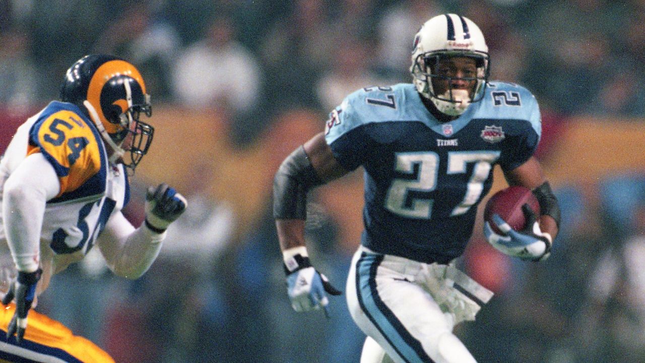 Former Tennessee Titans running back Eddie George stands during a ceremony  retiring his number during an NFL football game between the Titans and the  Indianapolis Colts Sunday, Sept. 15, 2019, in Nashville