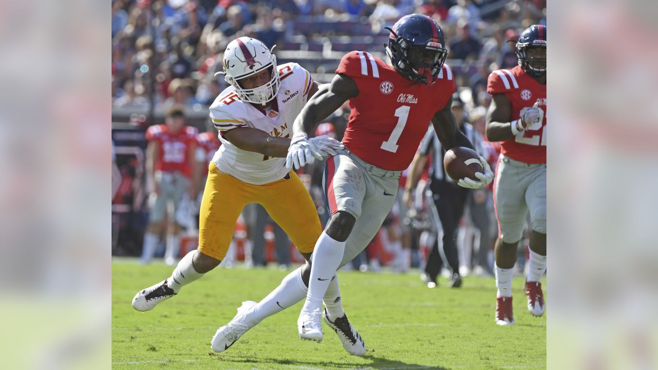 Mississippi wide receiver A.J. Brown (1) shifts positions before a snap  during the first half of an NCAA college football game against Louisiana  Monroe in Oxford, Miss., Saturday, Oct. 6, 2018. (AP