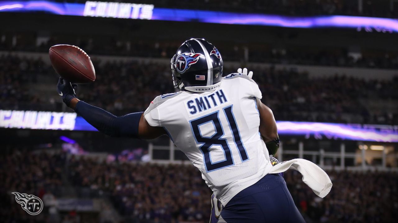 Tennessee Titans tight end Jonnu Smith #81 during an NFL football game  between the Los Angeles Chargers and the Tennessee Titans, Sunday, Oct. 20,  2019 in Nashville, Tenn. (Photo by Michael Zito/AP